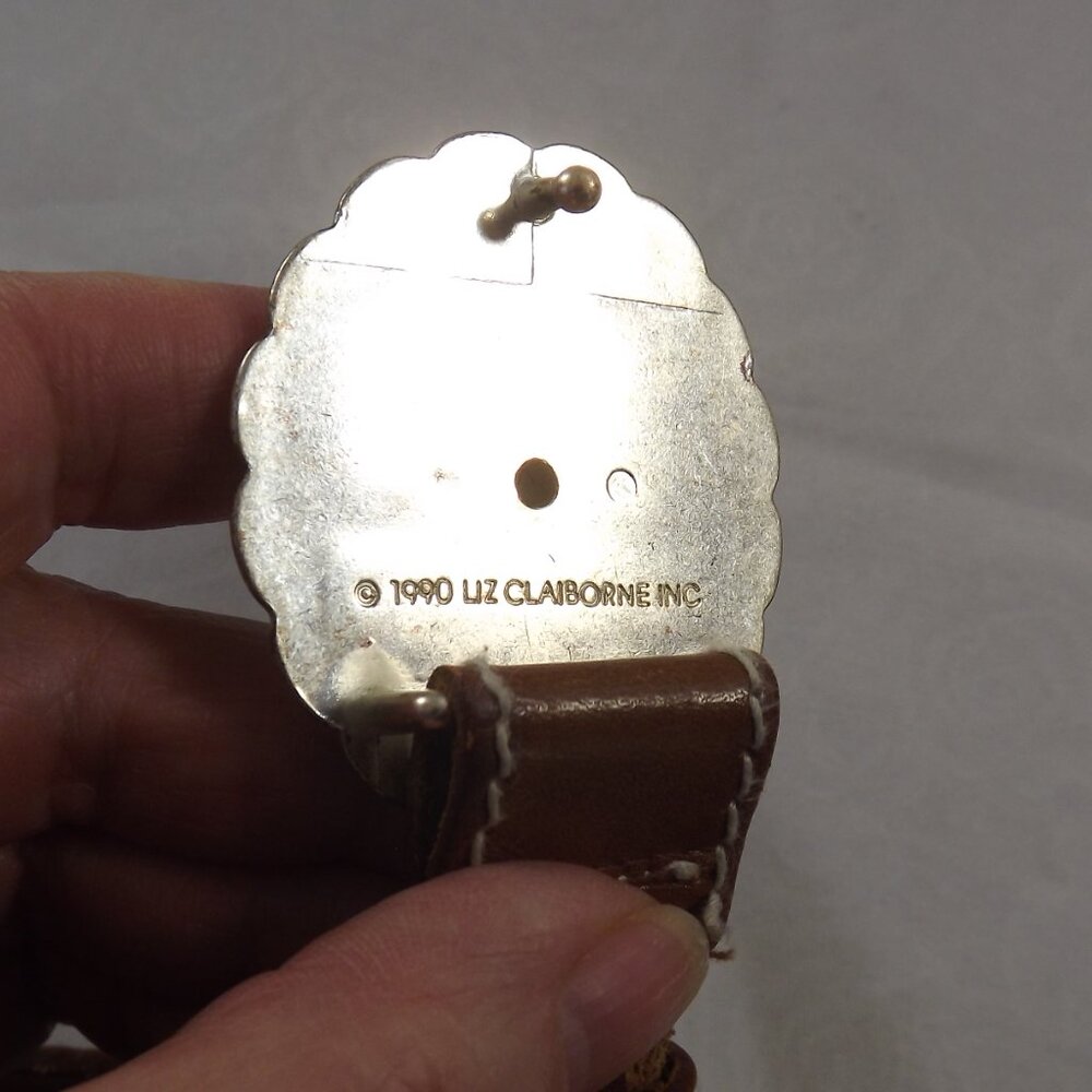 1990 Liz Claiborne Silver tone Belt Buckle on Leather Belt - Picture 10 of 11
